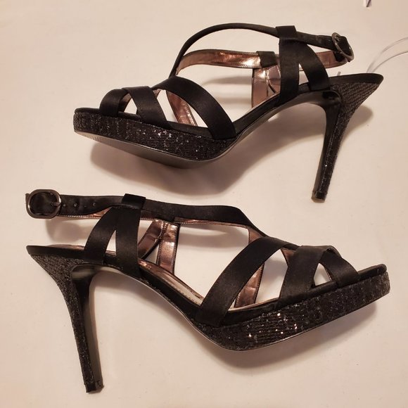 Nina Black Strappy Heels with Black Glitter Size 10M - Picture 4 of 9